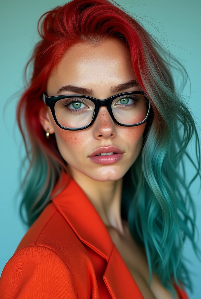 cyan and red hair, bright, clear green eyes, freckles, glasses with thick black frames, Beautiful girl, big fit ass , photo studio style, loot , Kale