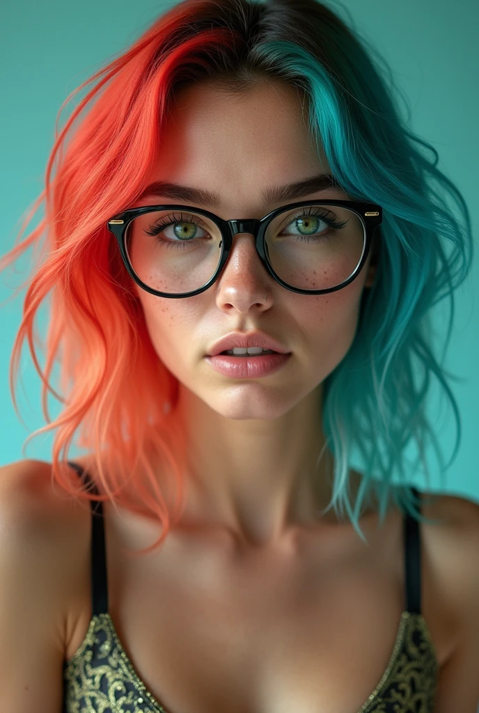 cyan and red hair, bright, clear green eyes, freckles, glasses with thick black frames, Beautiful girl, big fit ass , photo studio style, loot , Kale
