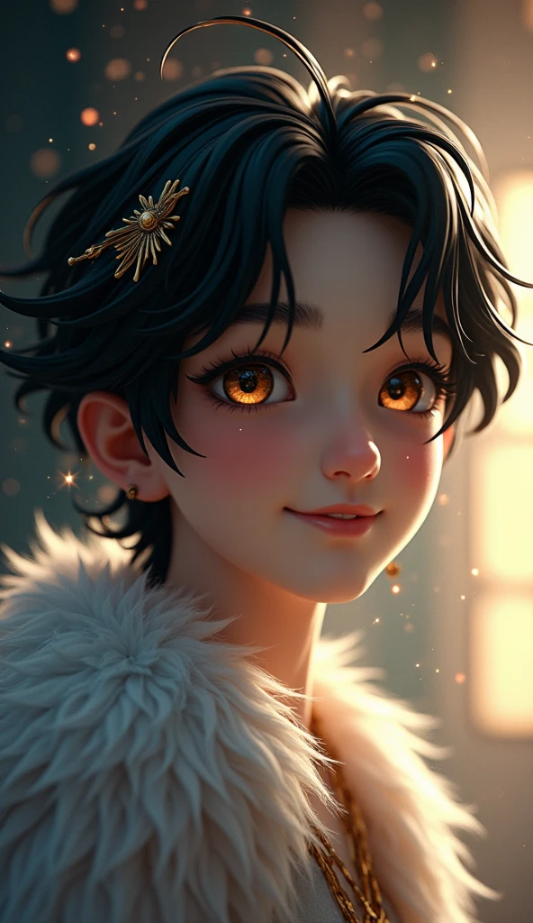 High Resolution, Solo, a handsome male cerubim,Smile, Black Hair, Hair Ornament, Short Hair, Smile, Atmospheric Perspective, Sparkle, Backlighting, Cinematic, Photorealistic, 