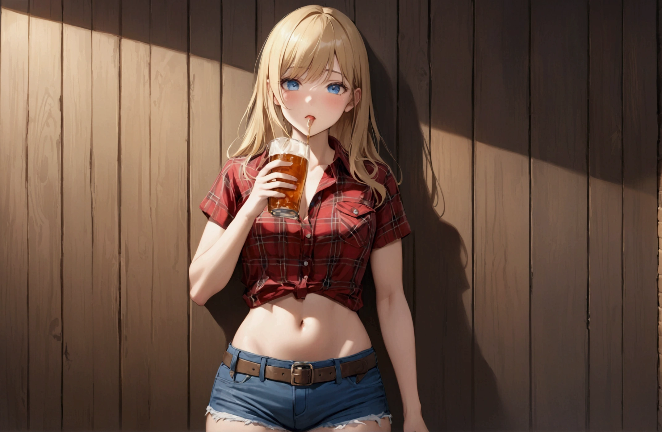 Woman with long blonde hair, blue eyes, Athletic build, Red plaid tight short sleeve collared cowgirl shirt, clock, Navel exposed, Denim hot pants, Brown belt with oval buckle, Please stand up straight, Drunk,Severe hiccups,In front of a wooden wall,drinking,Front view,Cowboy Shot,16K, Highest quality, masterpiece, Realistic, detailed