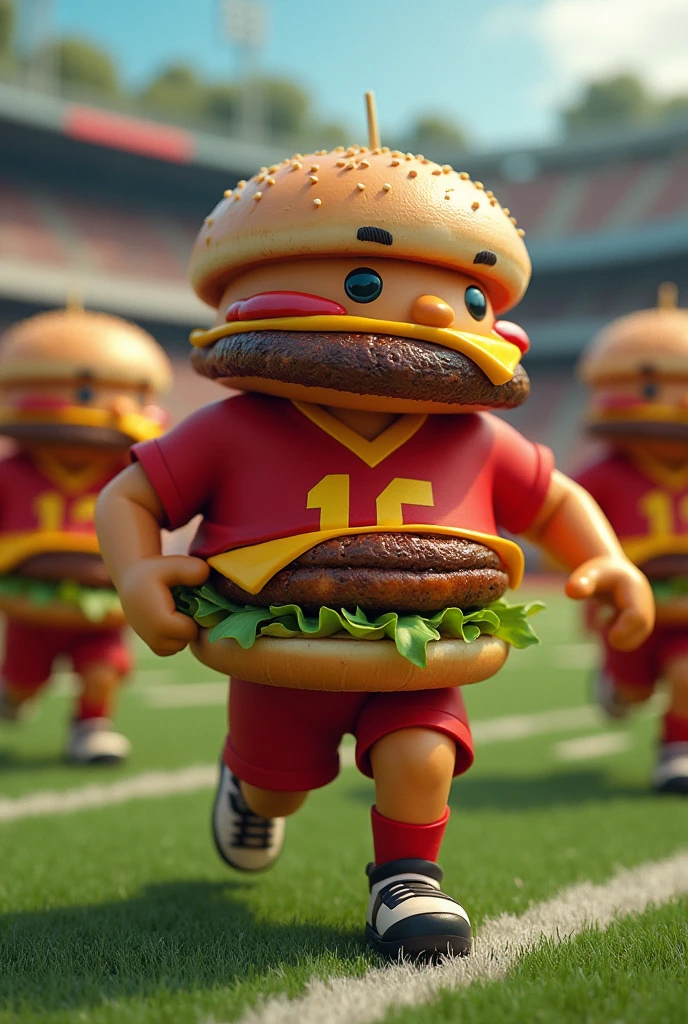 And why make me some humanized football hamburgers that have a nice uniform and that each hamburger or player has their own player number on the shirt. Let them be the 11 players