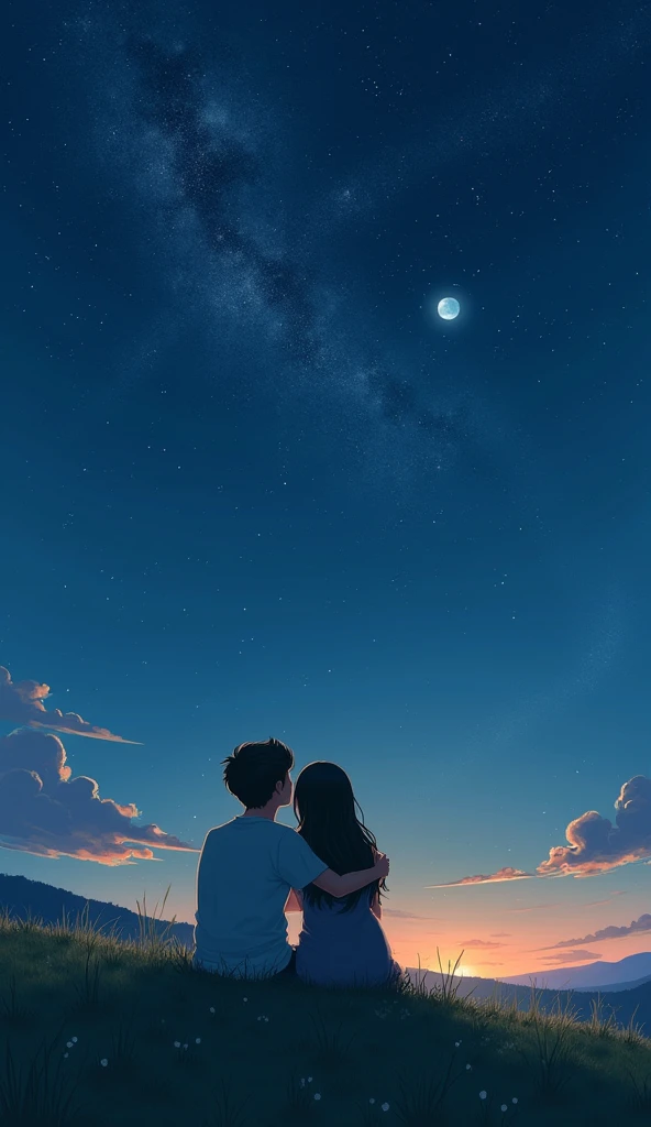 Two lover sitting a hill and looking the sky in night