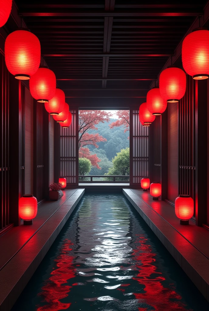 The room has a corridor with a veranda and sliding doors on both sides, a river-like path filled with water, and red lanterns that shine brightly, creating an overall black and red atmosphere.