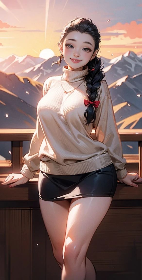 Sexy sweater,Short skirt,Eyes are very fragile,plump,Perfect body beauty:1.4、(Charming smile:1.5),Beautiful girl with double braids,Watch the sunset, ((In the mountains: 1.1))、What's the big deal ,((best quality)), ((Intricate details)), ((Surrealism))(8K)