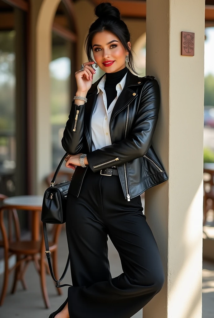 Full body beautiful white curvy hourglass body shape lebanese woman, 5'8" tall, medium top bun black hair, deep brown round eyes, wearing close zipped up black black biker leather jacket, black wide leg belted pants, rolled up sleeves, zipping up jacket, up collar, collared white formal button down blouse under jacket, black turttleneck collar shirt under blouse, shy smile, tender look, leaning on the wall at a cafe, high hill sandals, summer sunny day, bag, watch and bracelet, neck chain, ear rings, red lips, crossing arms, hand fixing the hair