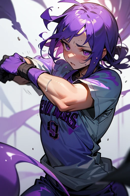 , covered in sweat and translucent purpleslime, grapples with,baseball,(batt)