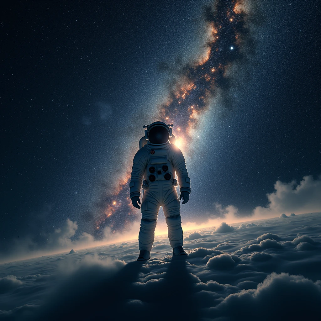 Astronaut in space.exterior , shines , Many stars , constellations , galaxies , a flash of light comes out of his suit 
