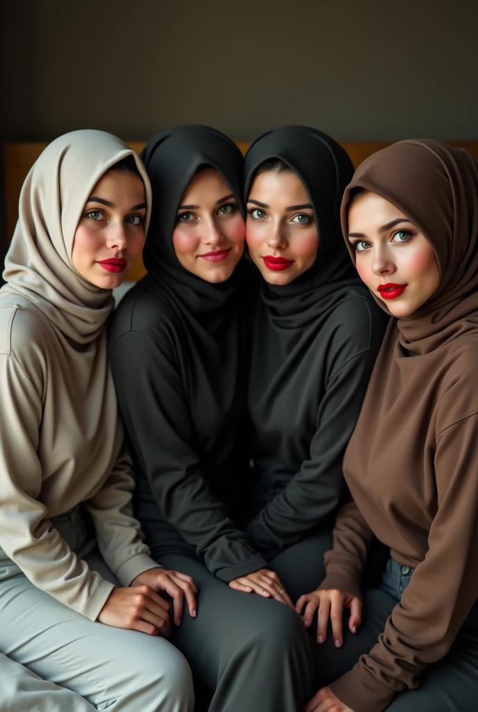 Realistic, 4 hijab girls, wearing T-shirts, face enlargement, super breast enlargement, cleavage emphasis, looking up from below, smiling, blushing, red lips, sexy, sitting on bed