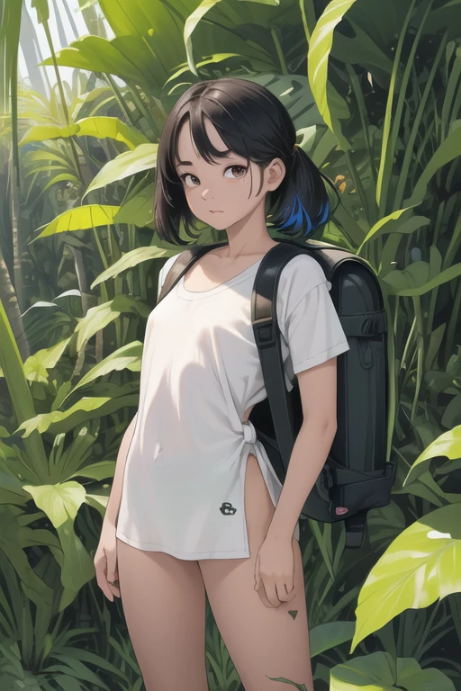(Best quality, masterpiece), 1 girl, Absolutely no clothes, jungle, backpack, Sun, tired, standing,a high resolution,(colorful:1.4),I look at the viewer,swollen eyes,