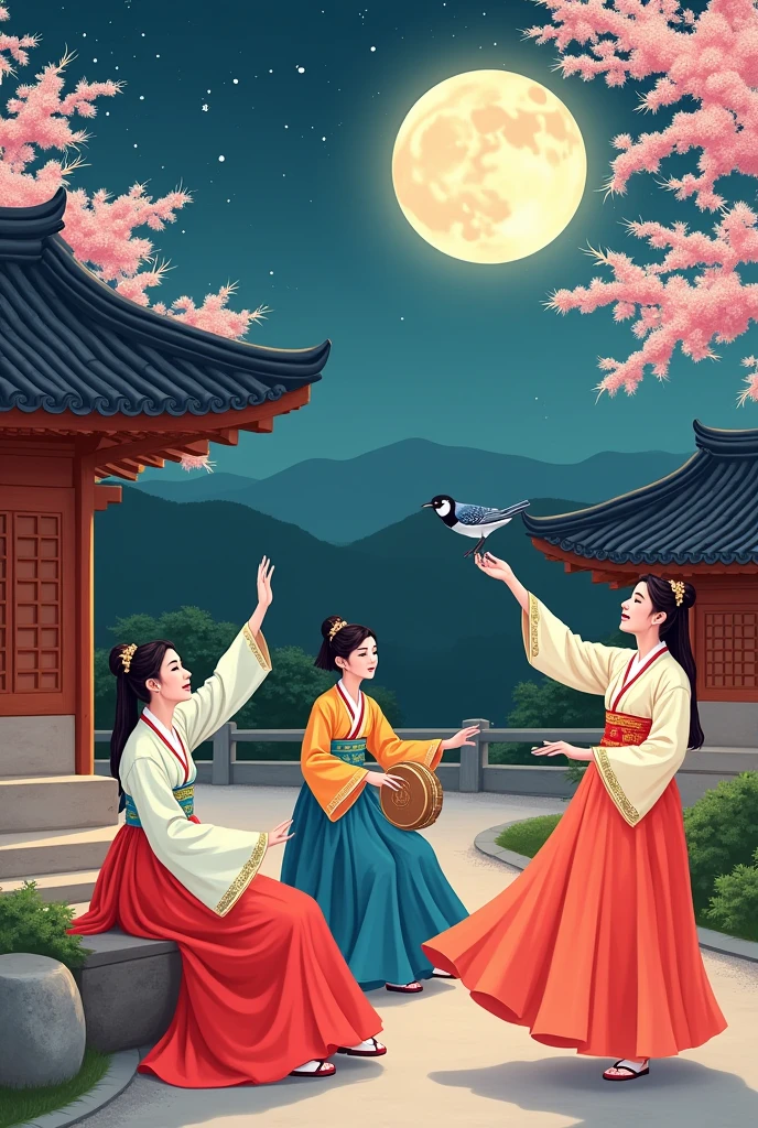 A detailed illustration of three Korean women in hanbok, sitting in a traditional Korean courtyard with a tiled roof. The first woman plays a drum, the second dances gracefully, and the third feeds a magpie. Cherry blossoms bloom in the background, and a full moon hangs in the sky.