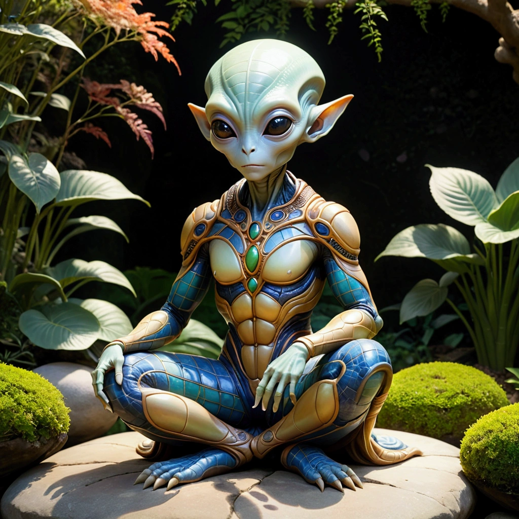 (Cute ceramic surface Alien), Sitting on a stone, Holding chin with both hands, Diffuse lighting, fantasy, complex, elegant, Colorful grid suit, Very detailed, Artworks of Yoshitaka Amano,Garden Background,(Best quality,4K,8k,high resolution,masterpiece:1.2),Ultra-detailed,Movie-grade lighting,Dramatic shadows,warm color,spirit,magic,