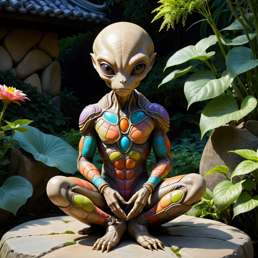 (Cute ceramic surface Alien), Sitting on a stone, Holding chin with both hands, Diffuse lighting, fantasy, complex, elegant, Colorful grid suit, Very detailed, Artworks of Yoshitaka Amano,Garden Background,(Best quality,4K,8k,high resolution,masterpiece:1.2),Ultra-detailed,Movie-grade lighting,Dramatic shadows,warm color,spirit,magic,