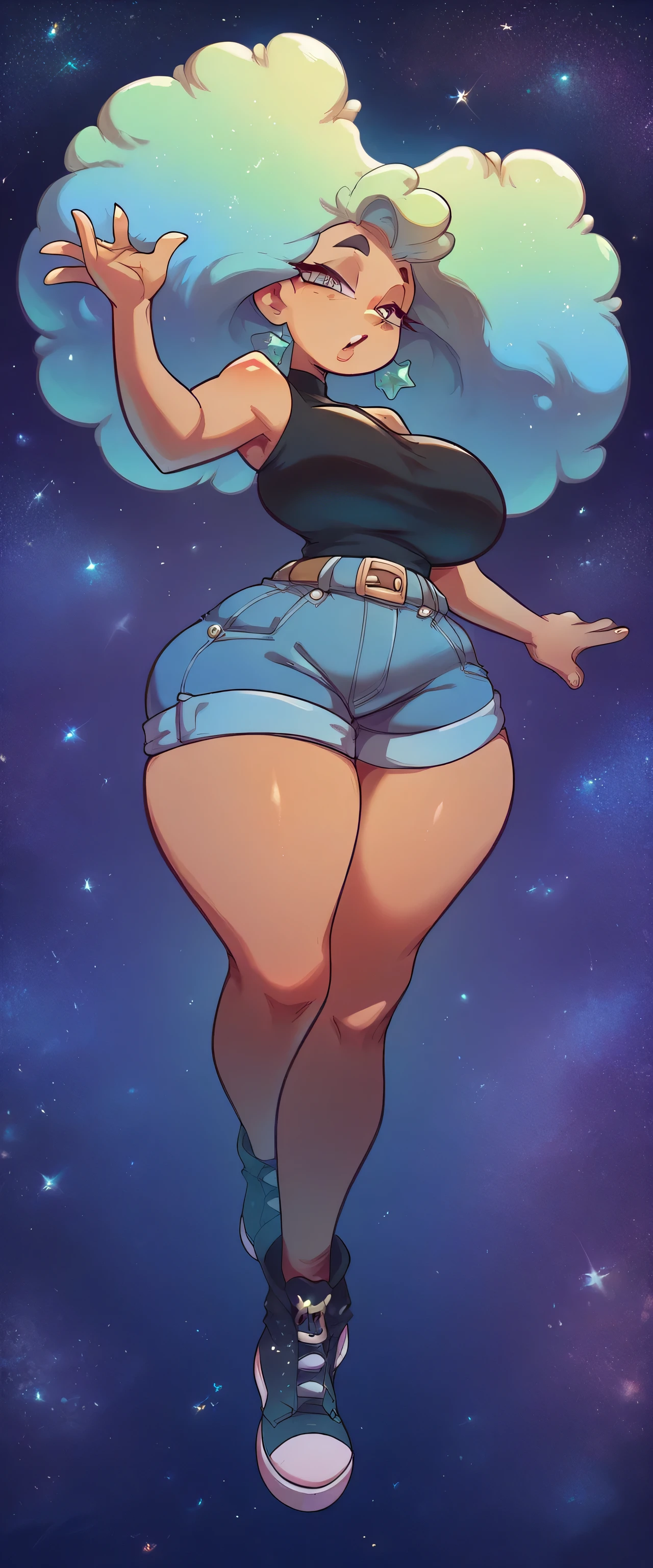 A tall girl with big breasts and sexy show yellow to light blue green colorful hair wears a black sleeveless shirt and a blue denim shorts with a brown belt and big thighs. Black shoes on a galaxy background.