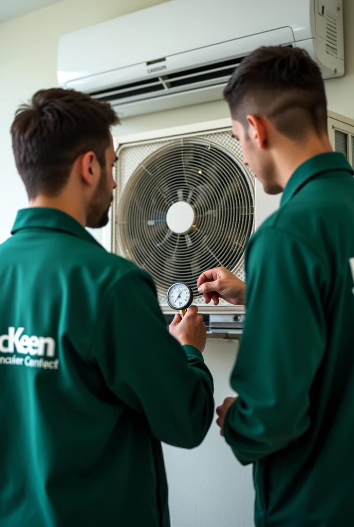 Technicians repairing open aircon holding gauge with "excel keen" As their green uniform. Do not include outdoor unit. Samsung ac unit