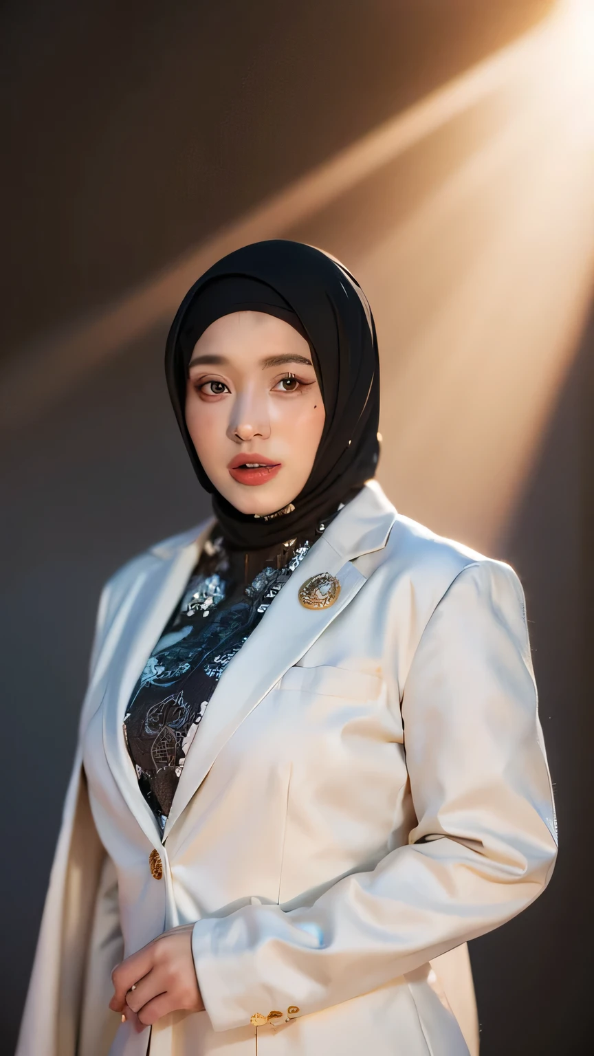 8k, masterpiece, RAW photo, best quality, photorealistic, highly detailed CG unity 8k wallpaper, Depth of field, Cinematic Light, Lens Flare, Ray tracing, (very beautiful face, beautiful lips, beautiful eyes) ((very detailed )), intricate facial details, ((very detailed skin)), best quality, Masterpiece, Super high resolution, (photo realistic:1.5), Original full body image ((full)), (hijabbers style), Satin abaya , 1girl muslim, satin abaya, satin, hijab portrait ((hijab model) ), neutral background, 8k uhd, dslr, soft lighting, high quality, film grain, Fujifilm XT3, closed dress, nice outfit, cheerful facial expression.