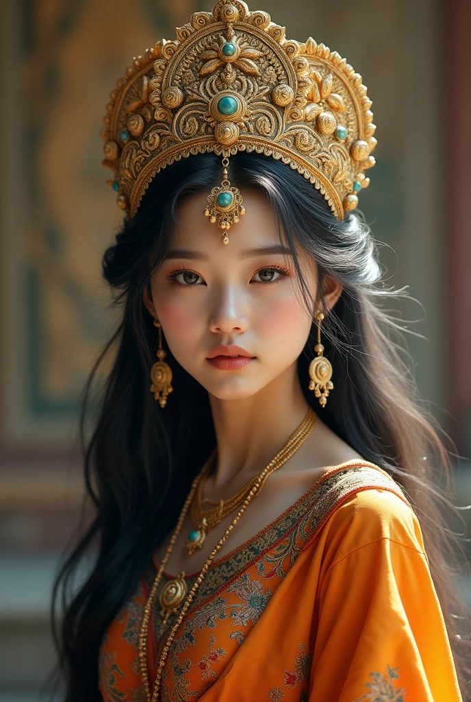 A Asian beautiful girl women with long Hindu Vishnu god crown of height 6 inches crown with long hair and beautiful Indian dress