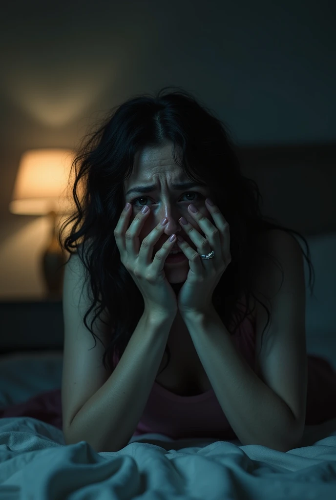 A woman mother in bed room weeping sad and begging her life seating on her knee from a rapist who rape her in next move , light are on in room , create a image from rapist point of view 