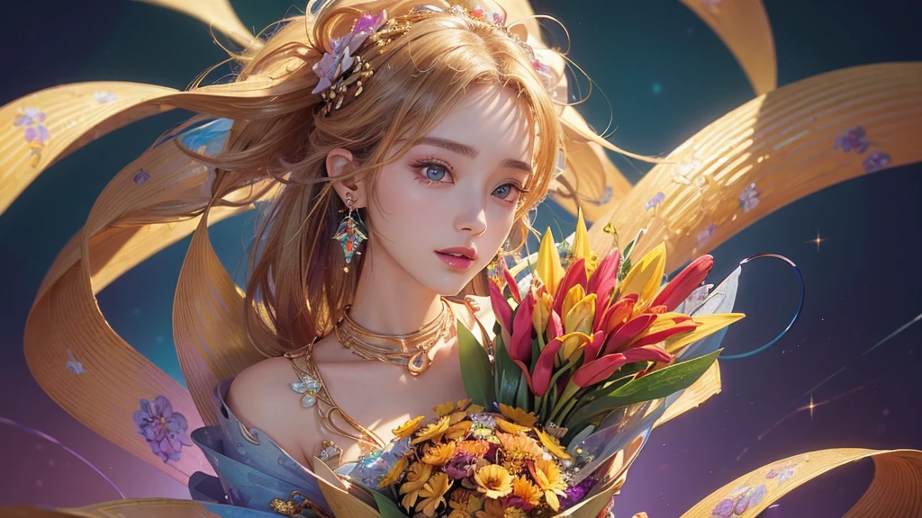 32K, 最高quality, 最高masterpiece, (ultra-Detailed Background, Detailed Background), High resolution, Super detailed, Very detailedな, 1 personの, (bouquet:1.3), (Tangled:1.2), (Geometric:1.2),(colorful),(masterpiece, quality, best quality, Official Art, Beautiful and beautiful:1.2), (1 person:1.3), Very detailed,(colorful:1.1)(Flowers:1.3),Most detailed,(Tangled:1.2), whole body, (Abstract background:1.3), (Skin glows), (Many colors:1.4), ,(Earrings Jewelry:1.5), Gradient Background, Beautiful and sparkling background, It's imaginative., Flaxen Hair,