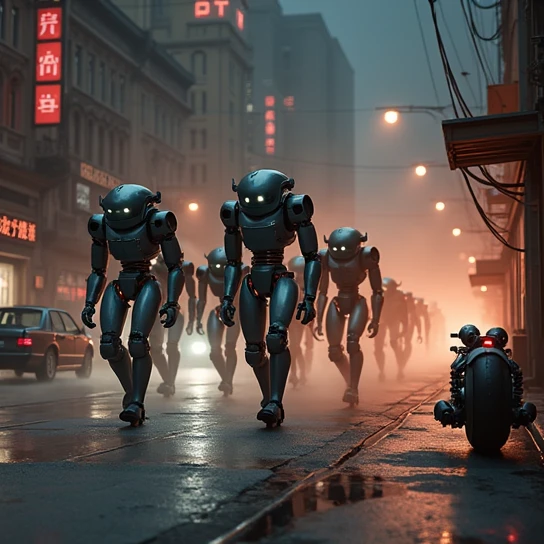 there are many robots walking down the street in this picture, eve ventrue, film still from the movie, smogpunk, army of robots, trending on 500px, inspired by Mirabello Cavalori, steampunk motorcycle, trending on artstattion, by Ryan Barger, widescreen shot, inspired by Tadeusz Pruszkówski