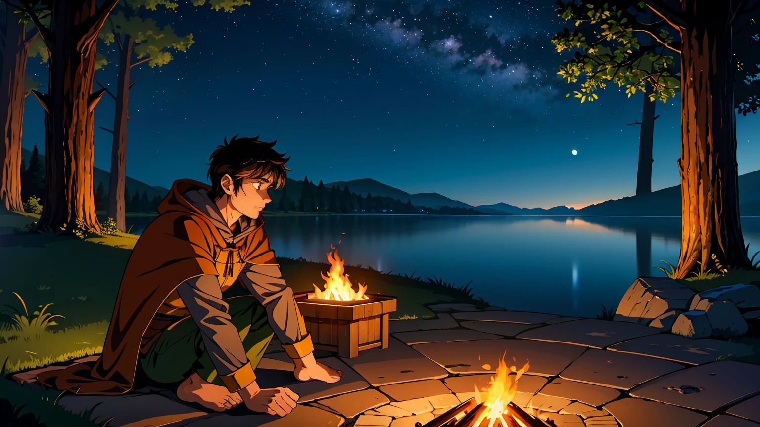 A serene riverside setting at night, where a male adventurer is camping by a warm, glowing campfire. The adventurer is a rugged man with short brown hair, wearing leather armor and a dark green cloak. He sits on a log near the fire, his face illuminated by the flickering flames, with a thoughtful expression. Around him, there are some simple camping gear, like a small tent, a backpack, and a cooking pot hanging over the fire. The river flows gently beside him, reflecting the light of the starry sky and a crescent moon. The atmosphere is peaceful, with the sounds of nature and the crackling of the fire creating a sense of solitude and adventure.
