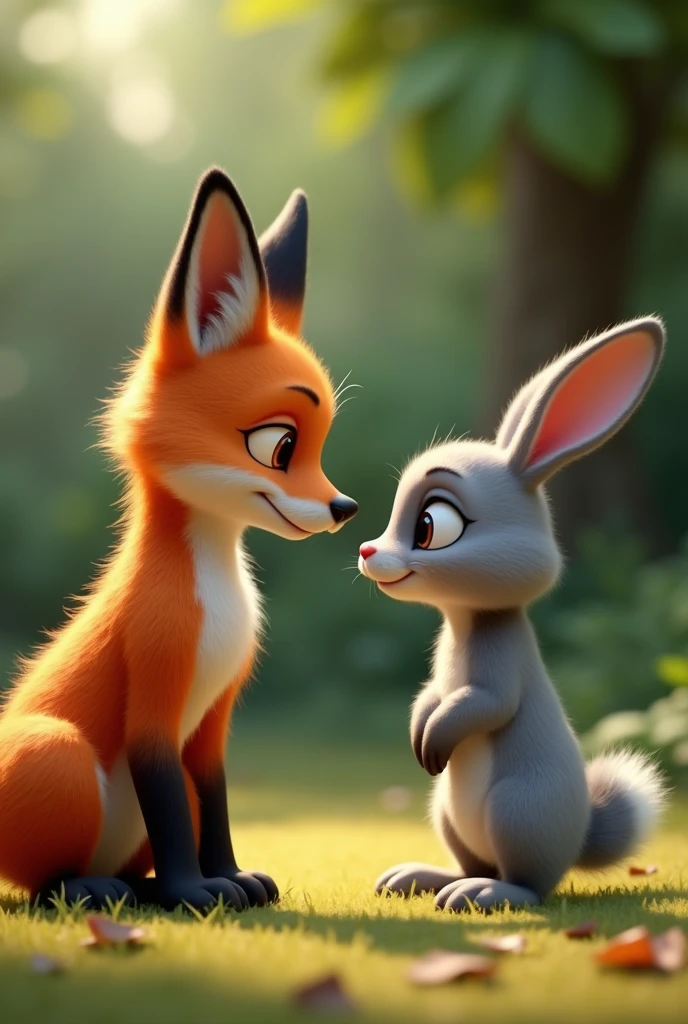 In 3D animation style **: The fox and rabbit meeting face-to-face with a mixture of expressions.