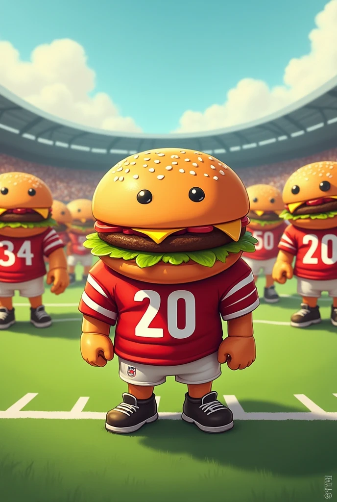 And why make me some humanized football hamburgers that have a nice uniform and that each hamburger or player has their own player number on the shirt. Let the 11 players be the 11 football hamburgers in the image.