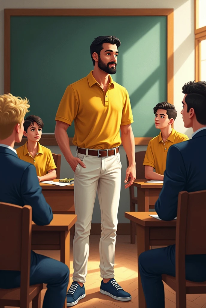At the Saint Joseph College of Anchieta, the morning was clear and calm. O professor Petterson Mizzareli, a young European man with fair skin and black hair cut in a military style, led the class. He wore his classic yellow polo shirt, White pants, brown belt and blue sneakers, maintaining a serious posture, but welcoming. His well-defined goatee and slight dark circles under his eyes gave him an air of experience., Apesar da juventude.
na sala, were his students, wearing the traditional school uniform: a dark blue shirt with yellow edges, blue shorts and matching sneakers. Long, a blond with green eyes, was attentive to the teacher's words, absorbing every detail of the lesson. Next to you, Arthur Rogers, with black spiky hair and a sly expression, seemed more relaxed, but equally interested in what was being taught.
Petterson spoke enthusiastically about the medieval era and the crusades, explaining how the knights, besides fighting for land, were looking for sacred relics. The room was filled with an aura of curiosity as he drew parallels between history and legend., involving your students in the topic.
As he explained, the atmosphere reflected the seriousness and importance of the moment. The painting