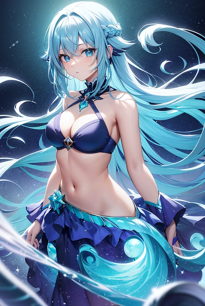 Create an ethereal anime character with flowing aqua hair and striking blue eyes, adorned in a shimmering, water-themed outfit. Surround her with swirling water effects and sparkling gems, set against a cosmic backdrop that glows with deep blues and purples, capturing a magical and mystical atmosphere.
