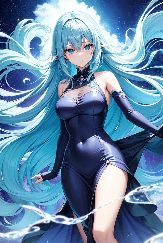 Create an ethereal anime character with flowing aqua hair and striking blue eyes, adorned in a shimmering, water-themed outfit. Surround her with swirling water effects and sparkling gems, set against a cosmic backdrop that glows with deep blues and purples, capturing a magical and mystical atmosphere.