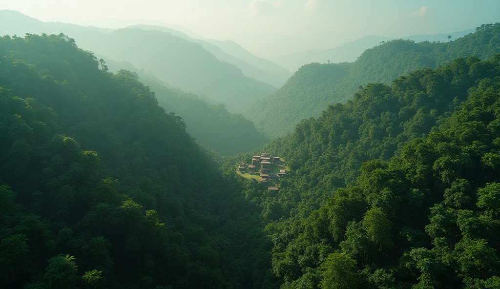 splash image: Aerial View of the Jungle: A dense and mysterious aerial image of the Brazilian jungle, highlighting the vastness and isolation of Red Light Village. tall trees, light fog and a small village in the middle of the forest can set the initial tone of isolation and mystery.
