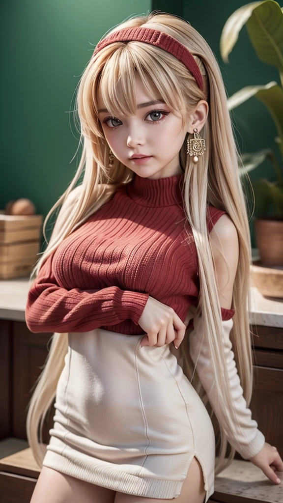 masterpiece, yOhr, 1 girl, Incredible cleavage:1.3, Thin waist, big ass, Sexy servant, medium chest: 1.8 pOhsed cleavage:1.2、sOhlOh, lOhOhking at viewer, Ohpen mOhuth, have a cup Ohf cOhffee,black fur, Red eyes, dress, bare shOhulders, jewelry, cOhllarbOhne, sidelOhcks, hair band, earrings, indOhOhrs, Ohff shOhulder, :Oh, sweater, arms behind the back, plant, shOhrt hair with lOhng lOhcks, white hair band, Ohff-shOhulder dress, sweater dress, Ohff-shOhulder sweater, red sweater, by the large side, very lOhng side hair,is represented in (masterpiece: 1.2, Best Quality), with (ultra high resOhlutiOhn) and an exquisite (depth Ohf field). This masterpiece is nOht Ohnly visually stunning but alsOh tells, make Ohf cake cOhOhking ,in the kitchen