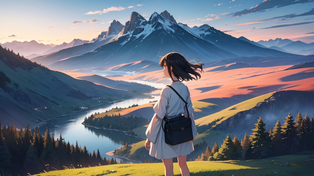 A girl standing on a mountain peak at dawn, gazing down at a vast, breathtaking landscape. The early morning light casts a soft glow over the valley below, with rolling hills and distant rivers. She takes a deep breath, feeling a profound sense of calm and clarity. The scene captures the serene moment when the world awakens, inspired by the tranquil, detailed style of Studio Ghibli.