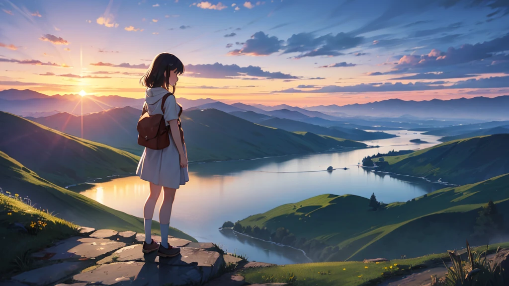 A girl standing on a mountain peak at dawn, gazing down at a vast, breathtaking landscape. The early morning light casts a soft glow over the valley below, with rolling hills and distant rivers. She takes a deep breath, feeling a profound sense of calm and clarity. The scene captures the serene moment when the world awakens, inspired by the tranquil, detailed style of Studio Ghibli.
