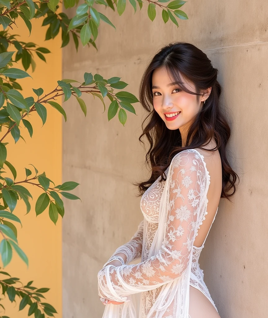 (Highest quality:1.4),(masterpiece:1.4),(Realistic:1.4),(Realistic:1.2),(超High resolution, RAW Photos:1.4),(High resolution, Very detailed:1.2),(8k:1.2),photograph,(Shot from behind:1.3)、Korean women、brown hair photos,One Woman,alone,(In underwear),Very large breasts,((Thigh to head shot:1.3))、(((topless、You can see her large breasts from the side.)))、((Toothy smile))、((Very large breasts:1.4))、Realistic skin textures、Slightly freckled、Slender figure、Realistic skin textures、((background,Concrete wall:1.3)),(topless,The breast is visible from the side:1.6),(Long lace slip,White)、3 woman、The angle at which the nipple is not visible、((Updo long hairstyle))、((Black,Long lace slip:1.4))、Correct toes、Detailed facial features、Long slip covers the buttocks and soles of the feet、Long slip covers your butt、