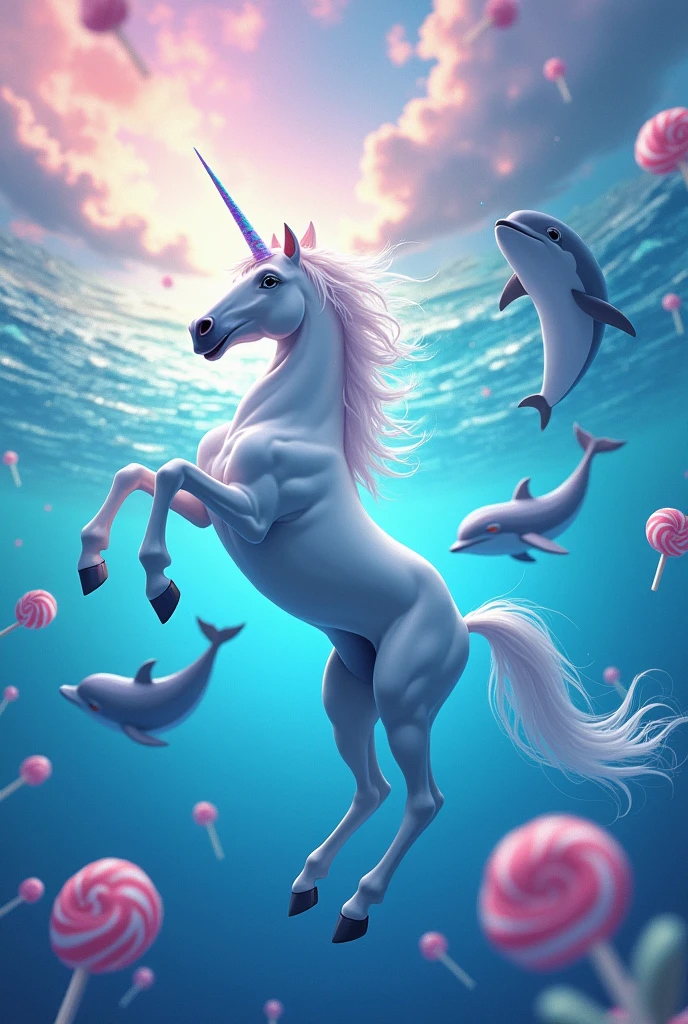 A unicorn flying in the sea with two dolphins flying next to it and the pink sky with lots of candy and colors