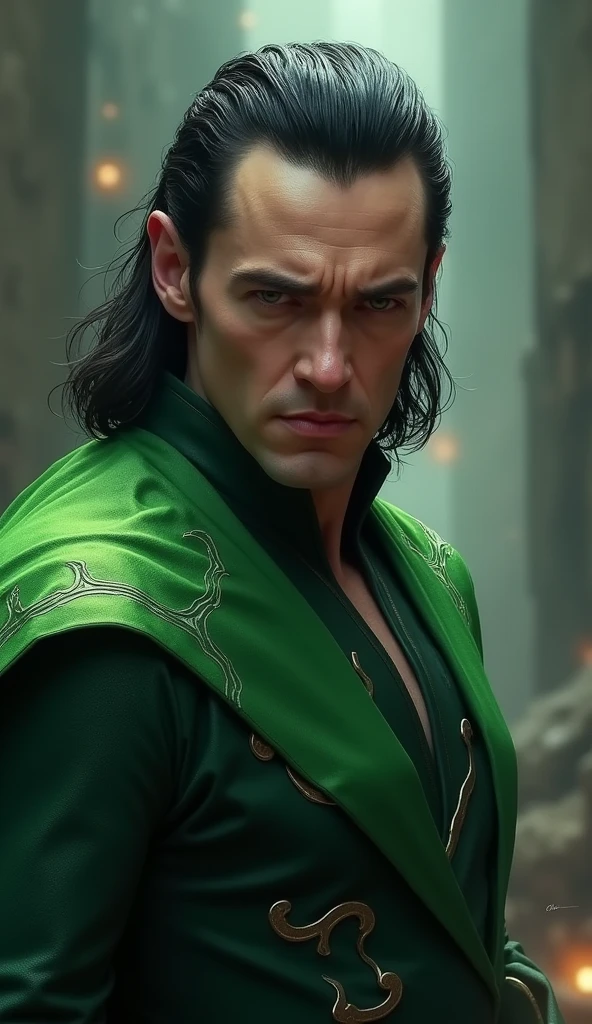 Loki, Marvel, slicked black hair, green tunic,