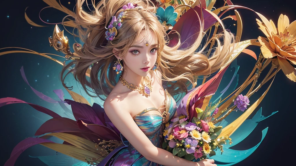 32K, 最高quality, 最高masterpiece, (ultra-Detailed Background, Detailed Background), High resolution, Super detailed, Very detailedな, 1 personの, (bouquet:1.3), (Tangled:1.2), (Geometric:1.2),(colorful),(masterpiece, quality, best quality, Official Art, Beautiful and beautiful:1.2), (1 person:1.3), Very detailed,(colorful:1.1)(Flowers:1.3),Most detailed,(Tangled:1.2), whole body, (Abstract background:1.3), (Skin glows), (Many colors:1.4), ,(Earrings Jewelry:1.5), Gradient Background, Beautiful and sparkling background, It's imaginative., Flaxen Hair,