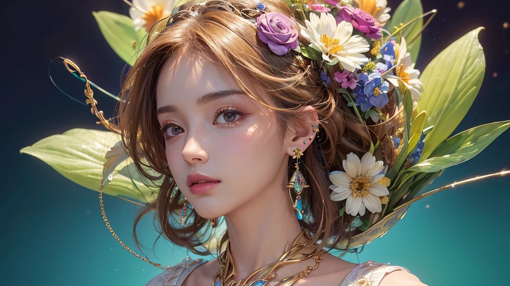32K, 最高quality, 最高masterpiece, (ultra-Detailed Background, Detailed Background), High resolution, Super detailed, Very detailedな, 1 personの, (bouquet:1.3), (Tangled:1.2), (Geometric:1.2),(colorful),(masterpiece, quality, best quality, Official Art, Beautiful and beautiful:1.2), (1 person:1.3), Very detailed,(colorful:1.1)(Flowers:1.3),Most detailed,(Tangled:1.2), whole body, (Abstract background:1.3), (Skin glows), (Many colors:1.4), ,(Earrings Jewelry:1.5), Gradient Background, Beautiful and sparkling background, It's imaginative., Flaxen Hair,