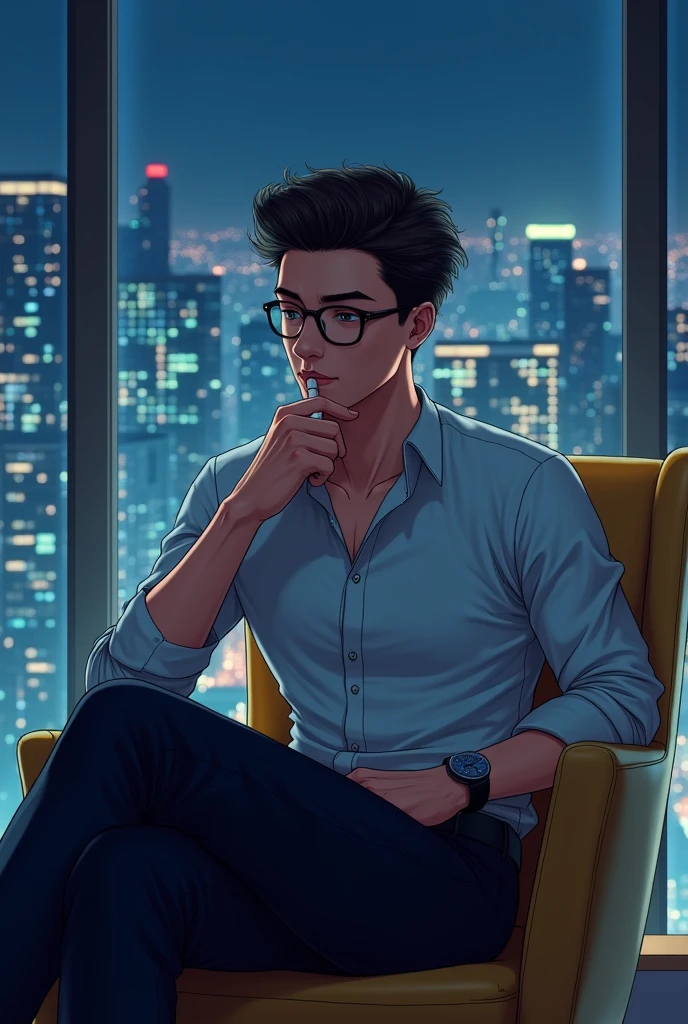 A handsome boy sitting on design chair wearing spectacles looking at injection with background night view at window 