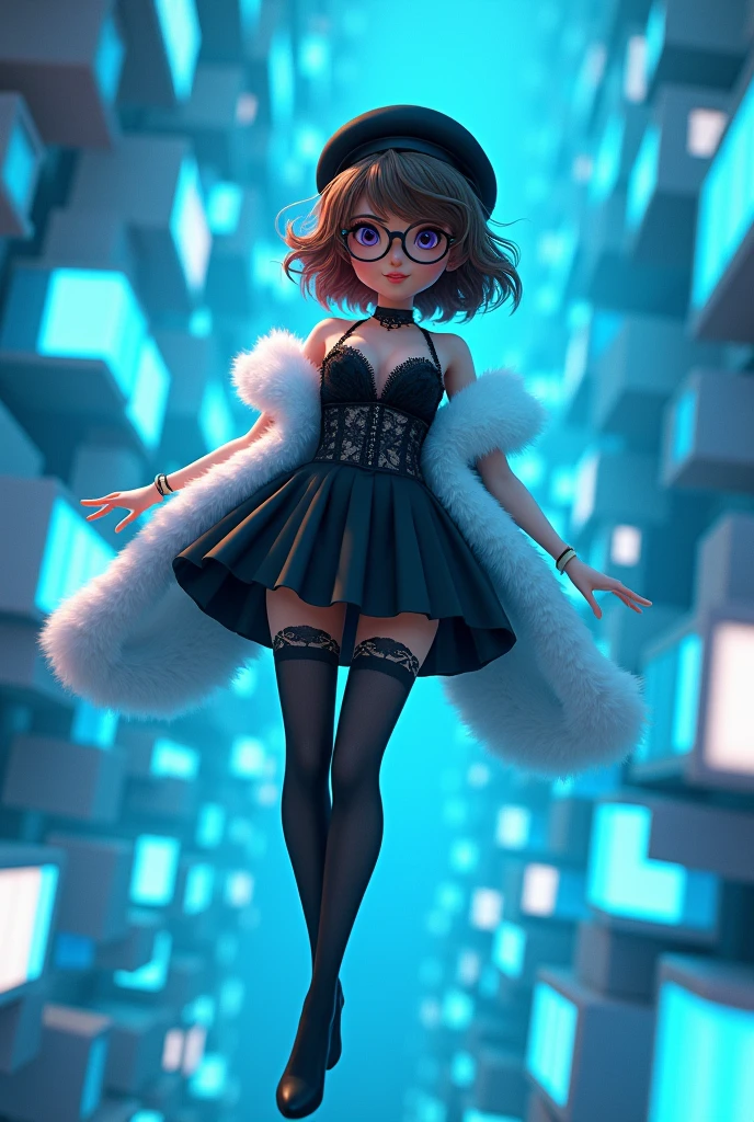 A bob brown haired woman wear round glasses wear a black lace corset, black skirt, black Beret, white boa fur, brown tights, black high heels, floating in the cyberspace, has a lot of glowing blue cube floating around, 3D animation, cartoonist