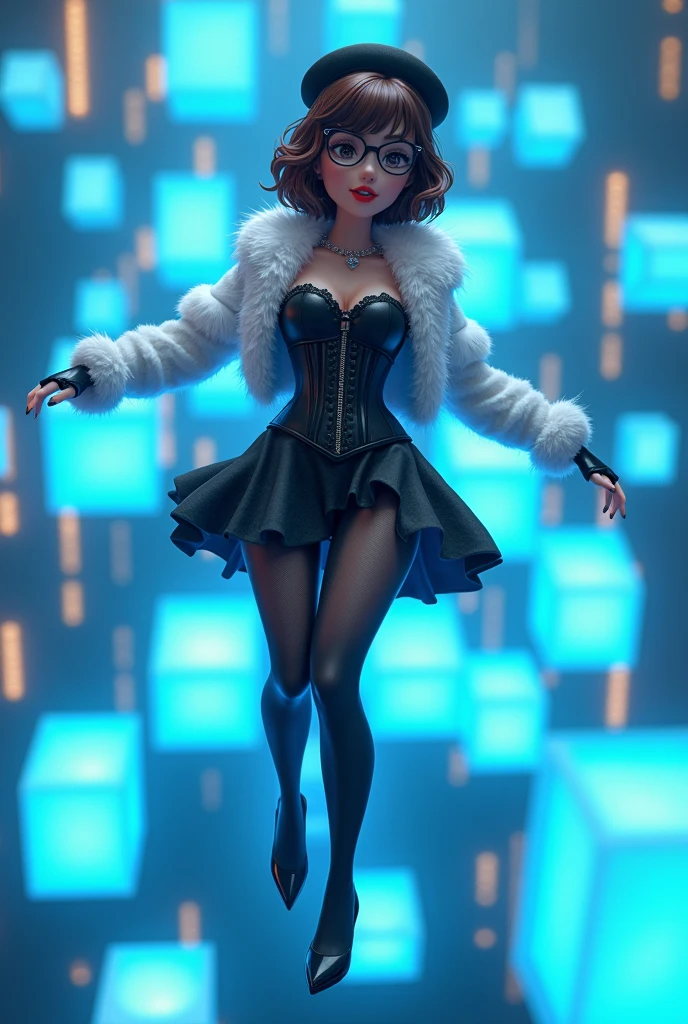 A bob brown haired woman wear round glasses wear a black lace corset, black skirt, black Beret, white boa fur, brown tights, black high heels, floating in the cyberspace, has a lot of glowing blue cube floating around, 3D animation, cartoonist