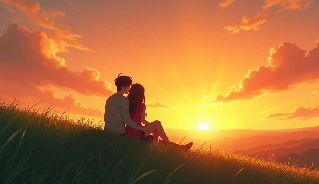 Two lover sitting a hill and looking the sky in golden night