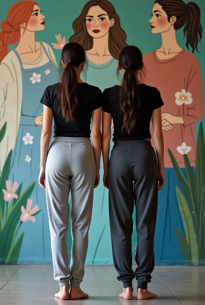 2women, relaxed stance, no arched backs , wall with mural in front of their faces, ((hand-painted mural)) of figures painted on wall in front of them , wearing casual loungewear, leggings, sweatpants, shapely fit , black T-shirt , long messy dark hair, hair in long pony-tail down her back to her lower back, creative influencers, showing grace, open and relaxed photoshoot facing the mural, lovely women