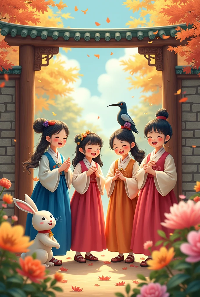 A whimsical scene of four friends celebrating Chuseok (Korean Thanksgiving) in traditional hanbok. They are surrounded by colorful flowers, a rabbit, and a magpie. A traditional Korean gate frames the scene.