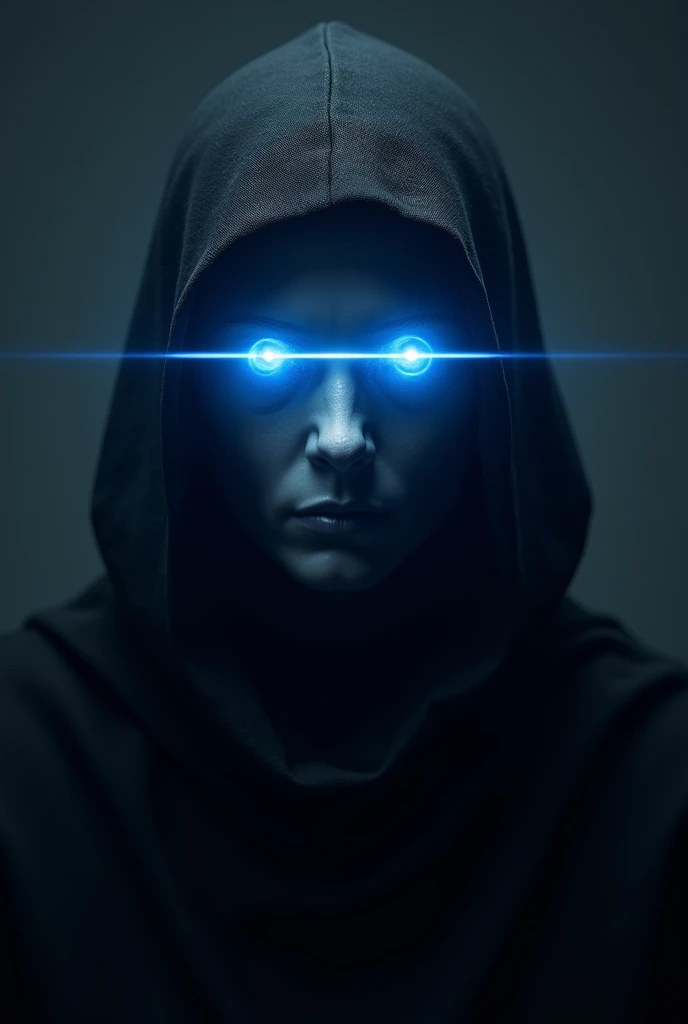 A mysterious figure clad in all black, with a featureless, smooth surface instead of a face. From where his eyes would be, powerful blue lasers shoot out, creating a striking, high-tech aura against the darkness of his outfit.