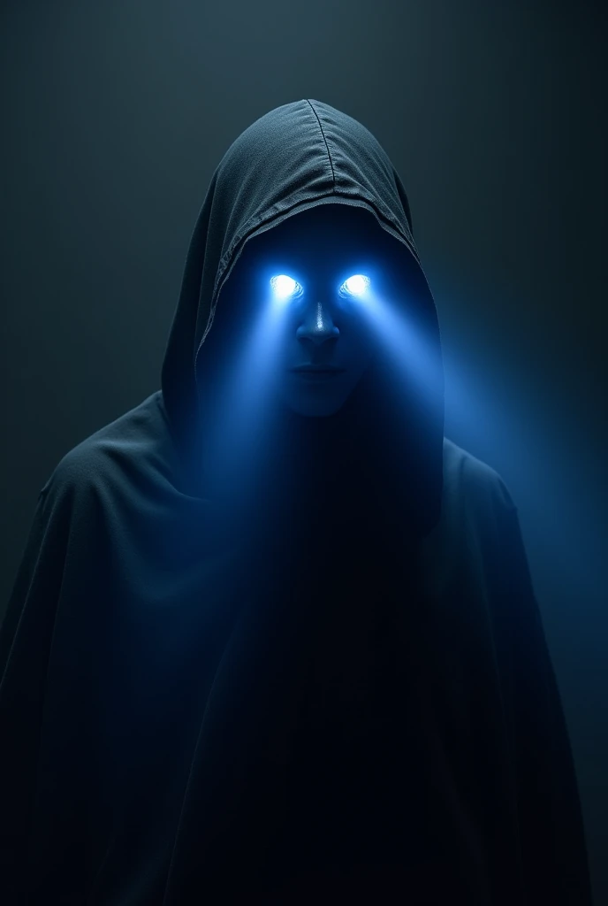 A mysterious figure clad in all black, with a featureless, smooth surface instead of a face. From where his eyes would be, powerful blue lasers shoot out, creating a striking, high-tech aura against the darkness of his outfit.