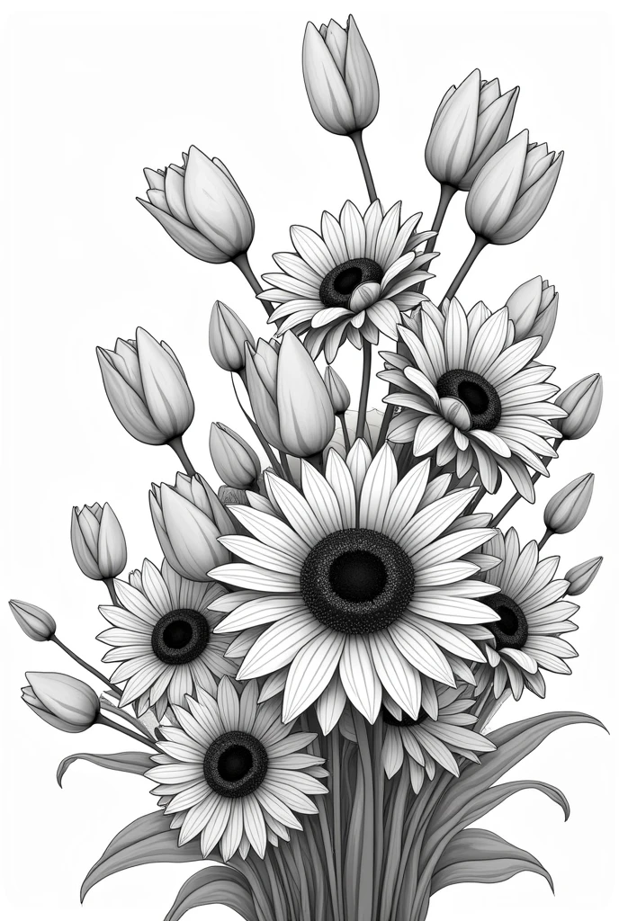 Can you make me a template to draw a bouquet of flowers like sunflowers, roses and tulips in black and white on all the pages, filling the entire screen?