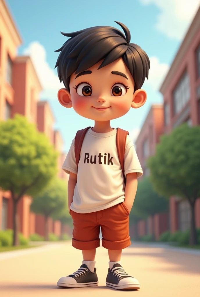 Cute boy stand.wearing t shirt. Rutik name on boy shirt . Background is one school. And name on the school is LBSV Highschool Weni.