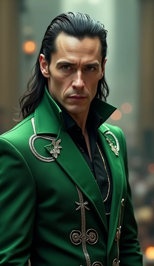 Loki, Marvel, Tom Hiddleston, slicked black hair, green tunic,