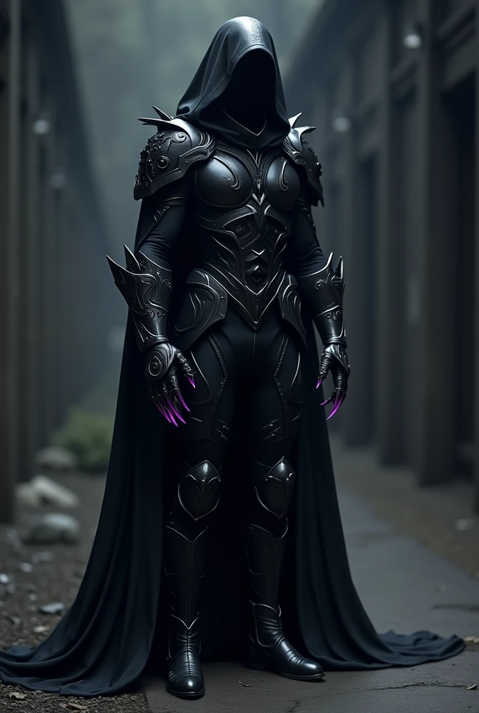 The suit is made of a shimmering black fabric that appears to absorb the light around it., creating a visual effect of moving darkness. The upper part is a light and flexible armor, composed of polished obsidian plates that reflect only a minimum of shine, giving the impression that he merges with the shadows around him. These plates are interspersed with tough dark leather, ensuring mobility and protection.
Over the shoulders, there is a long cloak made of an ethereal material, similar to solidified smoke, that flows and moves as if it had a life of its own. This cloak has the ability to transform into shadowy wings, allowing the nephelin to fly and move quickly among the shadows.
As mangas do traje são ajustadas e reinforced, with gloves that have dark metal claws on the fingertips, providing both protection and an additional weapon. These claws have a slight purple glow, echoing the shadow energy he manipulates.
The pants are made of the same black, supple fabric., with antique silver details that form arcane symbols, glowing softly as he calls upon his powers. tall boots, reinforced, made of leather and black metal complete the outfit, each step emitting a soft whisper, like the sound of shadows moving.
To end, the hood of the suit is deep and enveloping, partially hiding his face, with only his eyes shining like burning coals in the darkness. When he wants, the hood can conjure a spectral mask that covers your face, making his presence even more intimidating.